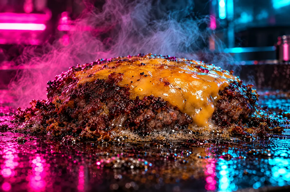 Primo piano della crosta croccante di uno smash burger con cheddar