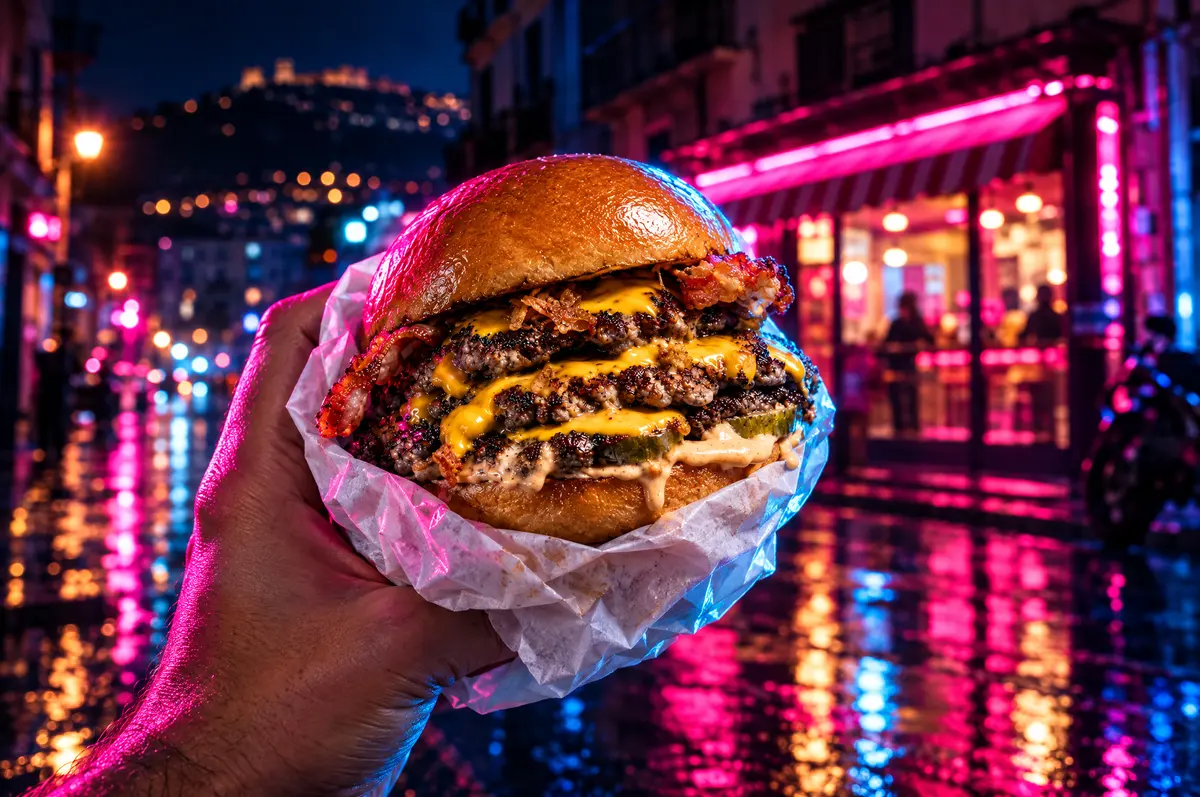 Smash burger in mano di notte in una strada di Napoli illuminata dai neon