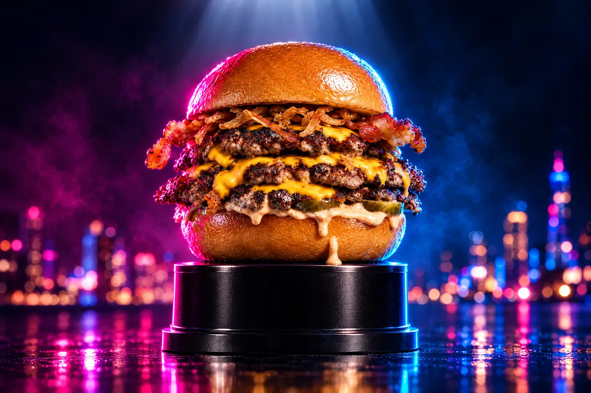 Smash burger triplo su un piedistallo con le luci della città sullo sfondo