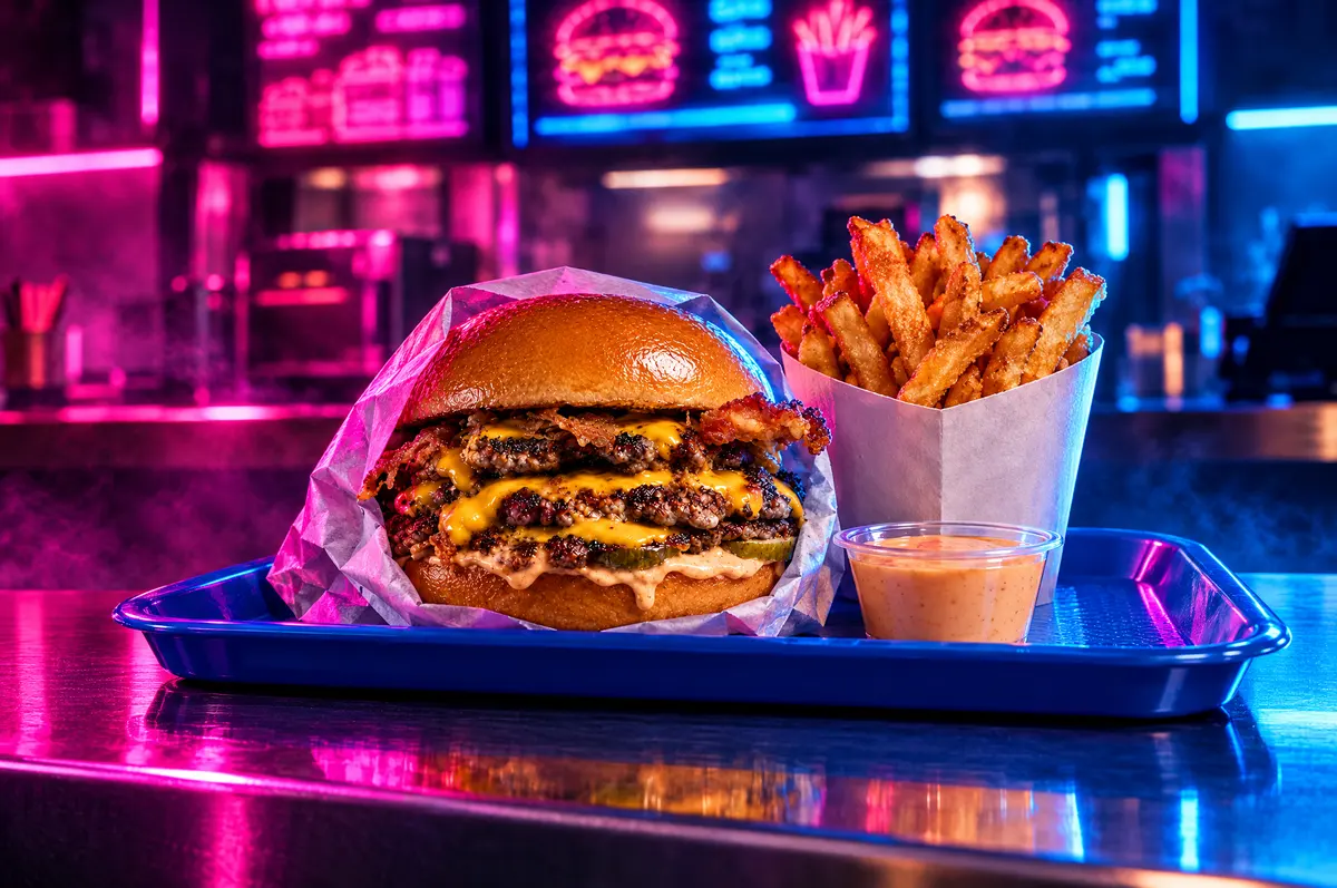 Vassoio con smash burger e patatine sul bancone di un locale al neon