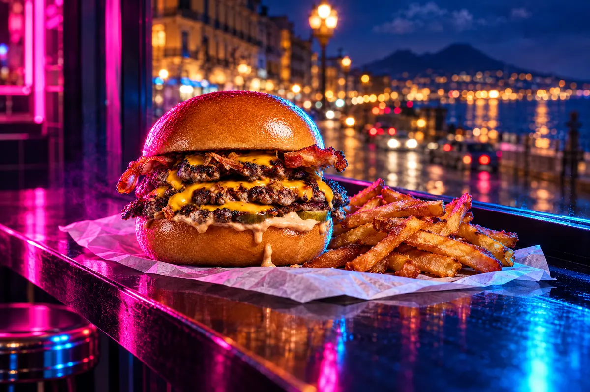 Smash burger e patatine al bancone con vista su Napoli di notte