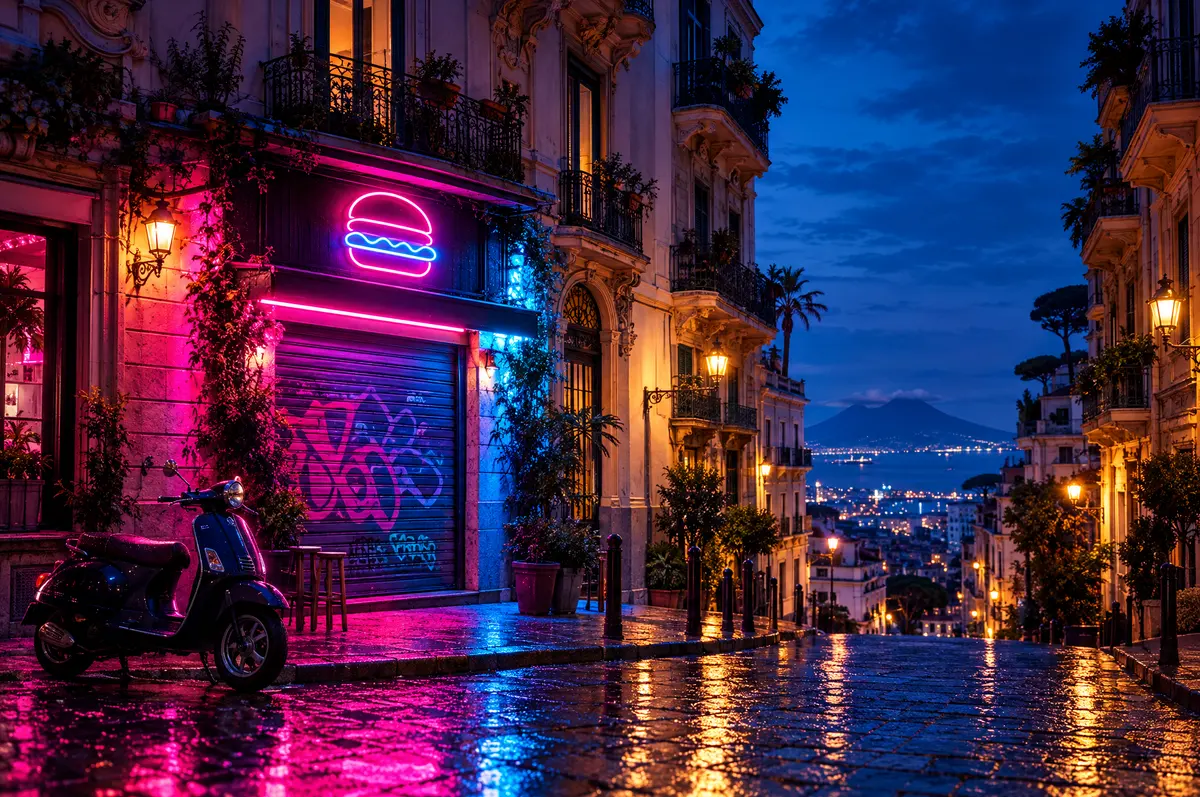 Strada del Vomero di sera con un locale dall’insegna neon