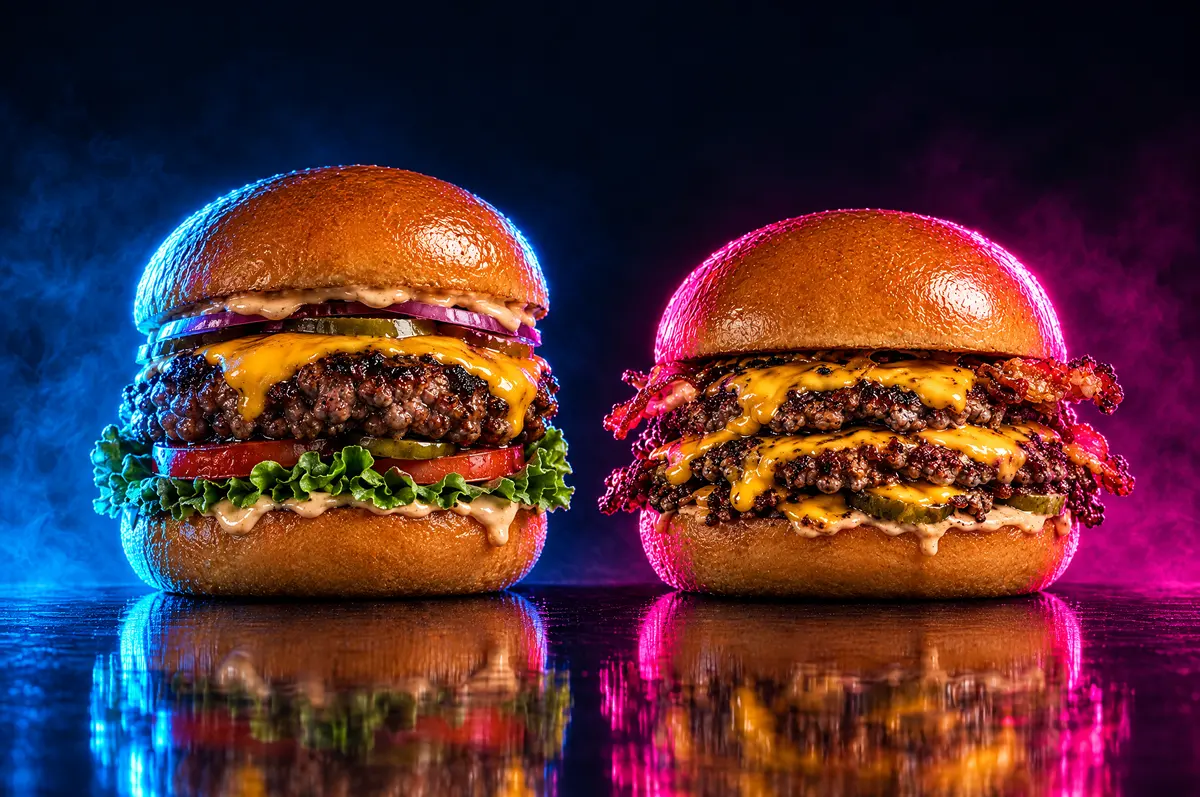 Hamburger classico e smash burger affiancati sotto luci neon